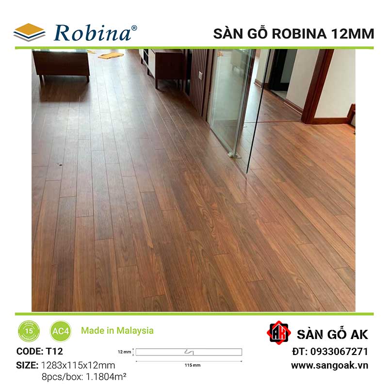 Sàn Gỗ Công Nghiệp Malaysia Robina 12mm T12 Bản Nhỏ